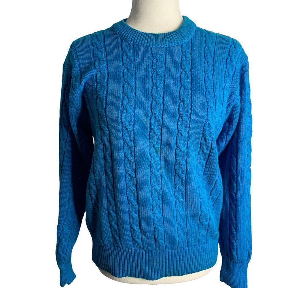 Vintage Lord & Taylor Cable Knit Sweater S Blue Crewneck Pullover Long Sleeves